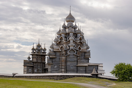 Wooden churches on island of Kizhi, Karelia. Kizhi Pogost with The Church of the Intercession and The Church of the Transfiguration on Lake Onega in the Republic of Karelia