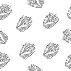 Vector seamless vintage French fries pattern. A hand-drawn monochrome illustration of fast food. Great for menu, background or wallpaper