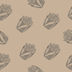 Vector seamless vintage French fries pattern. A hand-drawn monochrome illustration of fast food. Great for menu, background or wallpaper