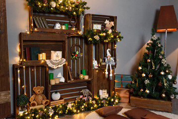 Rack made of Wooden Boxes. Decorate with Christmas Decor. Christmas Tree Garland.