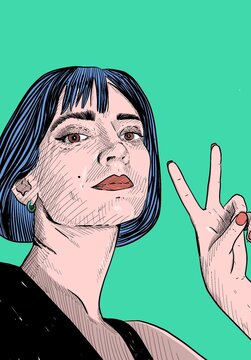 Selfie Girl Etching Illustrated Style