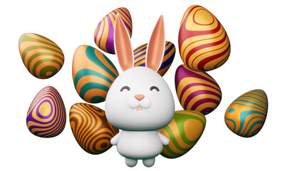 Happy easter day, cute bunny with colorful egg, 3d rendering.