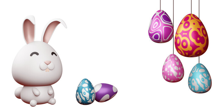 Happy easter day, cute bunny with colorful egg, 3d rendering.