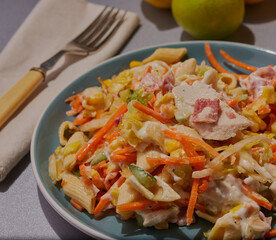 Chicken and bacon with mixed salad and pasta.