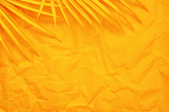crumpled yellow paper on a background with yellow palm leaves