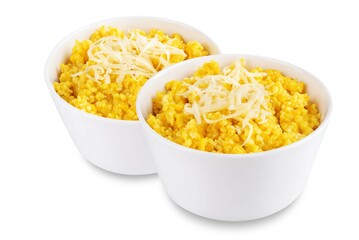 Millet porridge with pumpkin puree and cheese in a bowl on a white isolated background