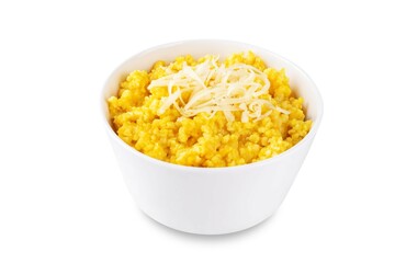 Millet porridge with pumpkin puree and cheese in a bowl on a white isolated background