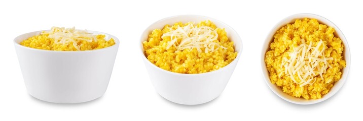 Millet porridge with pumpkin puree and cheese in a bowl on a white isolated background