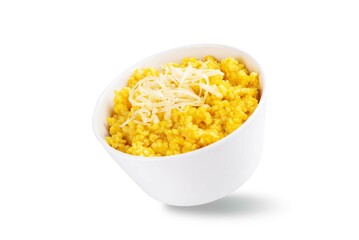 Millet porridge with pumpkin puree and cheese in a bowl on a white isolated background