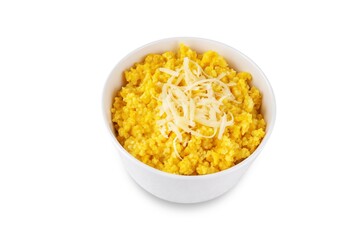 Millet porridge with pumpkin puree and cheese in a bowl on a white isolated background