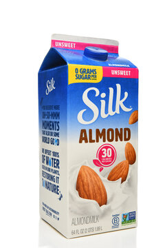 IRVINE, CALIFORNIA - 12 AUG 2022: A carton of Silk Almondmilk Unsweet, Dairy Free, Non-Gmo