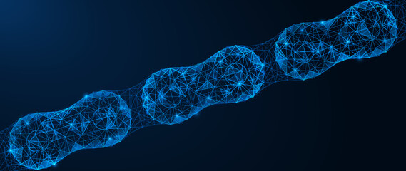 Roller chain. Polygonal design of interconnected lines and points. Blue background.