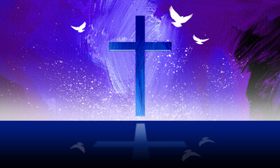Graphic Christian cross with doves on brushstroke background