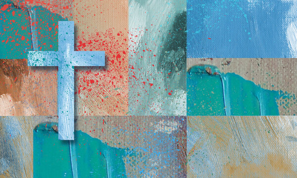 Graphic Christian cross with bood splatter on brushstroke background