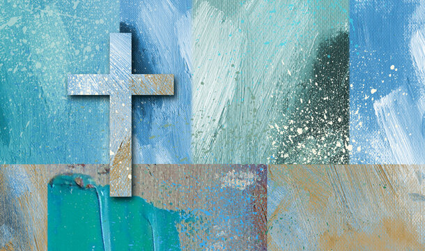 Graphic Christian cross on abstract brushstroke grid background