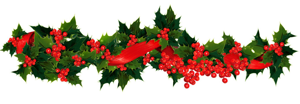 Holly, berry and ribbon Christmas garland