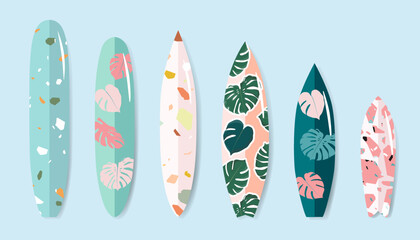 Variety of standing surfboards set. Isolated hand drawn vector surfing boards with monstera and terrazzo print. Summer sports and activities conceptual illustration. Trendy design for web and print.