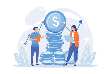 Income increase strategy. Business management, stock brokers statistics, financiers forecast. Financial market experts analyzing growth rates. Vector illustration - obrazy, fototapety, plakaty