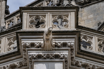 Architectural detail of Roman Catholic Gothic St. Peter and St. Paul Cathedral (Cathedrale Saint-Pierre-et-Saint-Paul) in Nantes. Construction began in 1434. Nantes, Loire Atlantique, France.