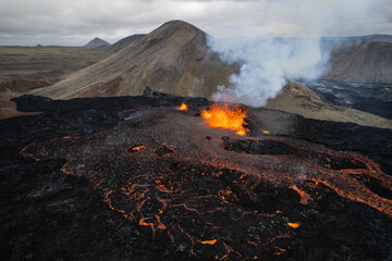 A week old Volcano in Meradalir,  Fagradalsfjall volcano in Iceland 2022. August 9th. Fissure in...