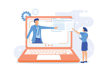 Chemistry online lessons. Biochemist presentation, science class, e learning. Laboratory worker cartoon character explaining pharmaceutical researches.