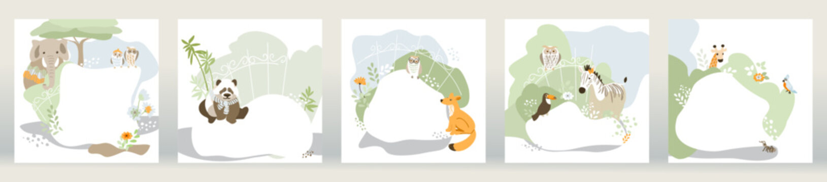 Set of vector illustrations with cute animals in the zoo.