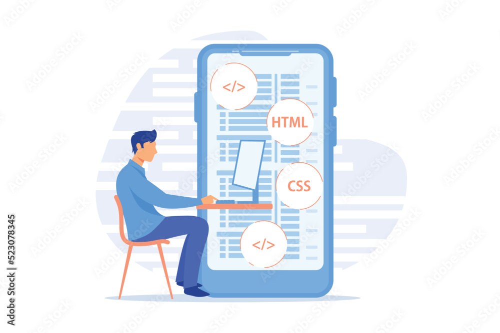 Poster mobile application development. programming languages. css, html, it, ui. male programmeer cartoon c