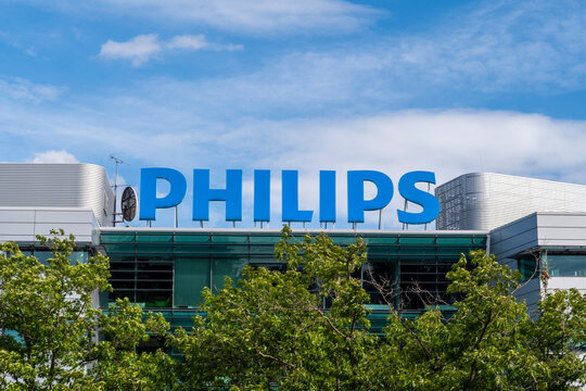 Warsaw, Poland - July 18, 2022: View at Philips company logo on the office facade