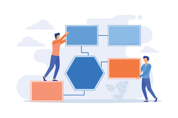 Business processes organization. Workforce distribution, delegating responsibilities, scheduling and planning. Managerial supervision and control. Vector illustration