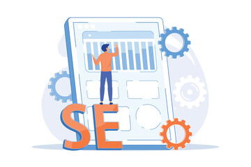 Search engine optimization. Online promotion. Smm manager cartoon character. Mobile settings, tools adjustment.  Website analysis. Vector illustration