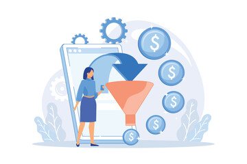 Funnel sales strategy. Profit monetization. Target audience, lead generation. Conversion marketing. Marketologist cartoon character. Online business. Vector illustration