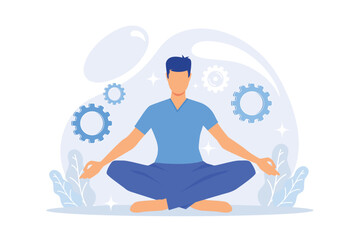 Stress reduction and relieving activity. Man cartoon character sitting in lotus pose. Meditation, relaxation, balancing. Vector illustration