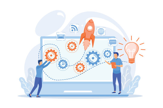 Startup team receive mentoring and training to accelerate growth and laptop. Startup accelerator, seed accelerator, startup mentoring concept. vector illustration