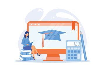Fototapeta na wymiar Maths online course. Economics university department, Internet classes, accounting lessons. Bookkeeping and mathematics textbooks digital archive. Vector illustration.