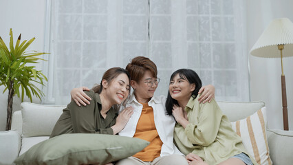 Holiday concept of 4k Resolution. Asian women embracing each other in the house. Young women are in...