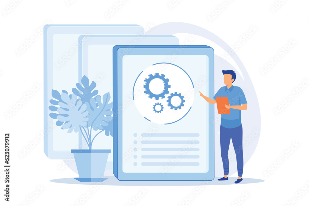 Poster instruction manual, guide. document with cogwheel isolated design element. male character analyzing 