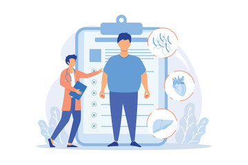 Obesity problem. Overweight man medical consultation and diagnostics. Negative impact of obesity on humans health and internal organs. Vector illustration