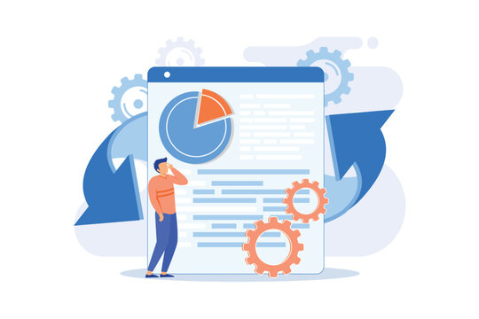 Big data analysis. Web statistics automated report. Infographics visualization tool isolated flat design element. Business, analytics process, optimization. Vector illustration