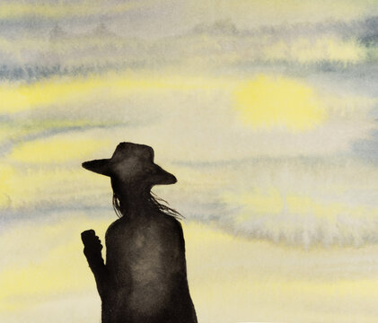 silhouette woman cloudy watercolor