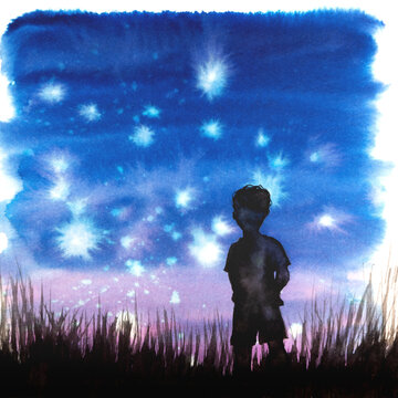 silhouette kid cosmic stars