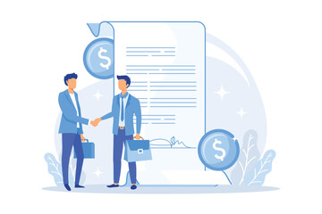 Obraz na płótnie Canvas Financial obligation document. Promissory bill, loan agreement, debt return promise. Issuer and payee signing contract. Businessmen making deal. Vector ILLUSTRATION
