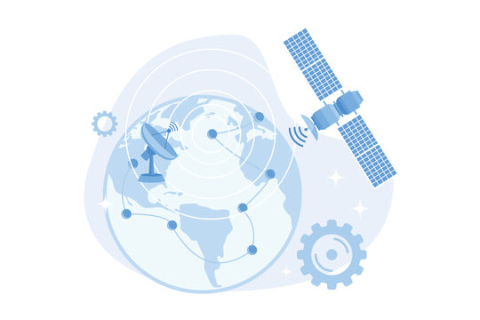 Gps coverage area. Earth observation. Space communications idea, orbiting satellite navigation, modern technologies. Outer space, cosmos, universe. Vector illustration