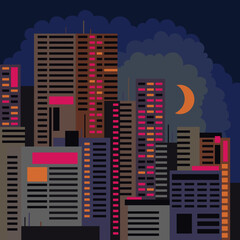 Night city, skyscrapers. Colorful vector illustration of the city landscape. Universal poster for design and printing.