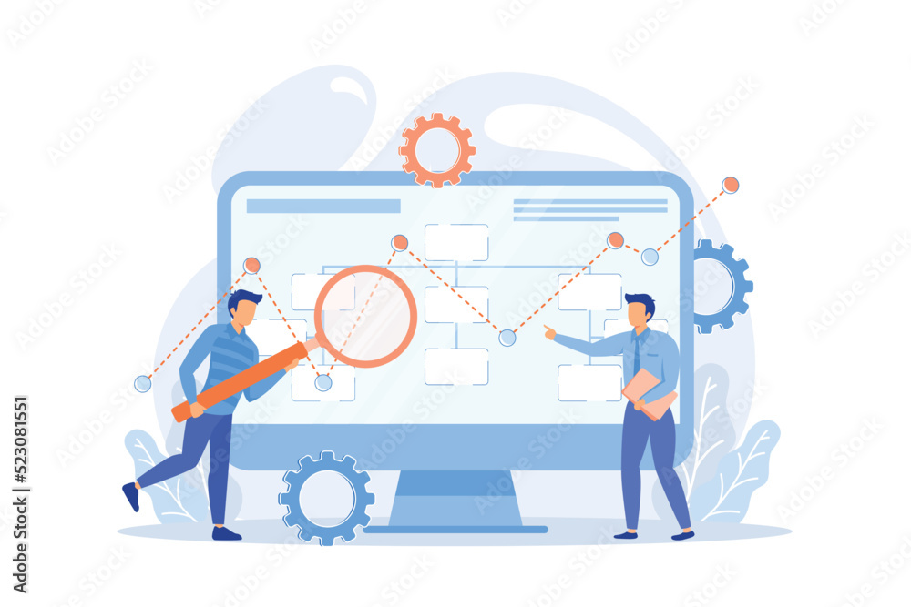 Poster tiny people analyst and data scientist working with data. data driven business model, comprehensive 
