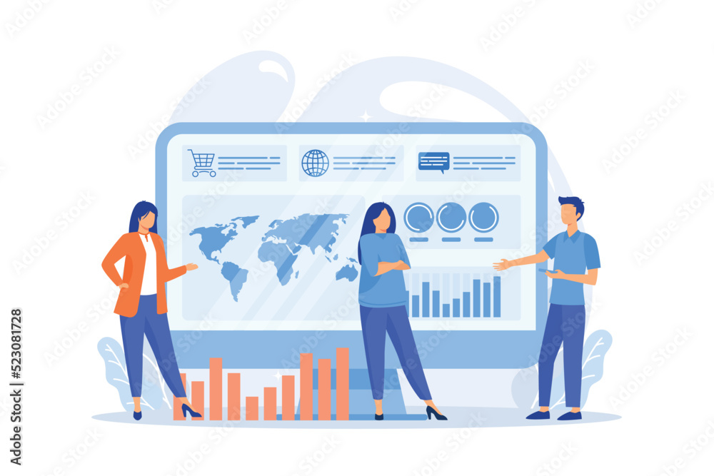 Wall mural tiny business people build dashboard and analyze statistics. dashboard service, online reporting mec