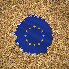 Flag of european union with grains of wheat. Natural whole wheat concept with flag of european union