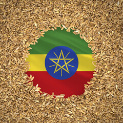 Flag of ethiopia with grains of wheat. Natural whole wheat concept with flag of ethiopia