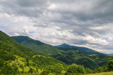 Green slopes of mountains overgrown with forest and Mount Strymba against a cloudy sky near the village of Kolochava, Transcarpathia, Carpathians, Ukraine