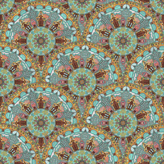 abstract city themed mandala seamless pattern in various colors