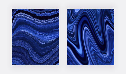 Navy blue liquid wall art prints. Trendy backgrounds for design cards, invitations
